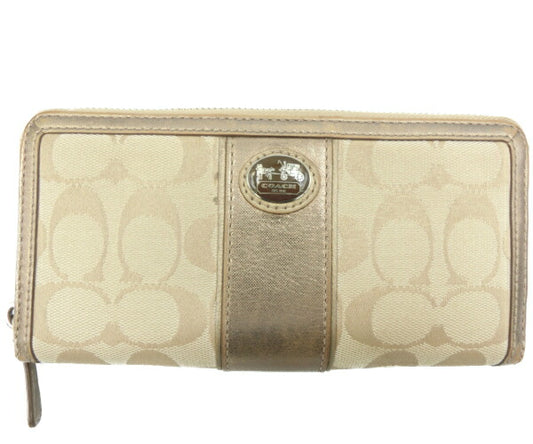 COACH/コーチ シグネチャー ラウンドファスナー 長財布 中古 ベージュ ゴールド ロゴ ウォレット