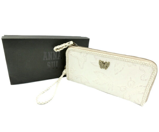 ANNA SUI/アナスイ レザー L字ファスナー 長財布 中古 バタフライ 蝶 ホワイト 白 ウォレット レディース