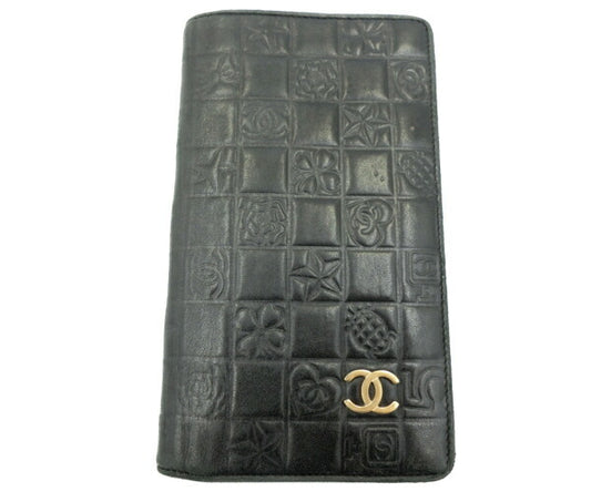 CHANEL シャネル チョコバー レザー 二つ折り長財布 中古  ブラック 黒 型押し レディース かわいい ウォレット