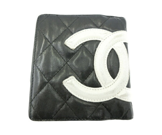 CHANEL シャネル カンボンライン レザー 二つ折り がま口財布 中古  ブラック ホワイト ウォレット ロゴ レディース