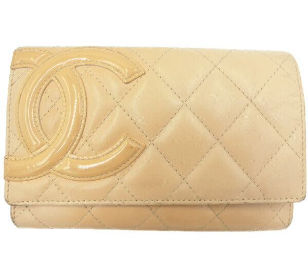 CHANEL シャネル カンボンライン レザー 二つ折り財布 中古  ベージュ ロゴ レディース ブランド ウォレット