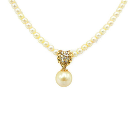 K18 8.6mm ゴールドパール ダイヤ 0.08ct 淡水パール チェーン ネックレス 中古  18金 アクセサリー ジュエリー レディース 真珠