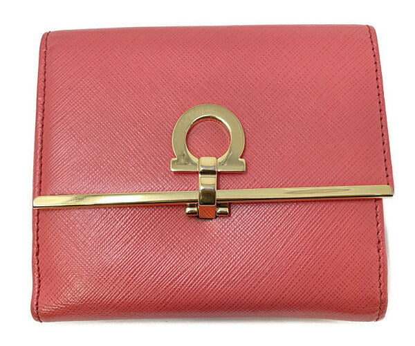 Salvatore Ferragamo サルヴァトーレフェラガモ ガンチーニ Wホック財布 中古  コーラルピンク レザー ウォレット ブランド レディース