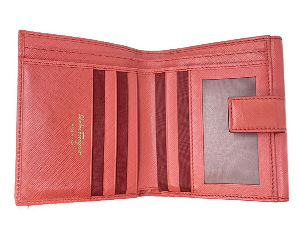 Salvatore Ferragamo サルヴァトーレフェラガモ ガンチーニ Wホック財布 中古  コーラルピンク レザー ウォレット ブランド レディース