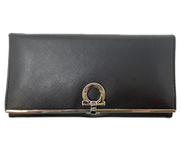 Salvatore Ferragamo サルヴァトーレフェラガモ ガンチーニ 二つ折り長財布 中古  ブラック 黒 ウォレット ブランド レザー レディース