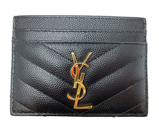 Yves Saint Laurent イヴサンローラン グレイン ド プードルエンボスレザー カードケース 中古  YSL 名刺入れ 本革 ブラック 黒 レディース ブランド