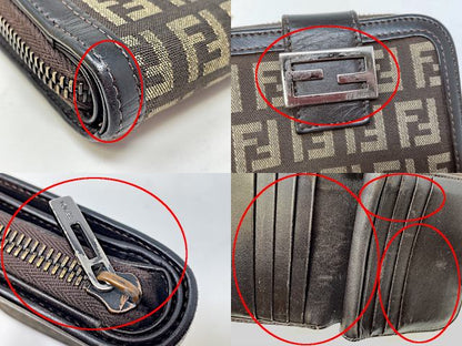 FENDI フェンディ ズッキーノ ラウンドファスナー 二つ折り財布 中古  2309-8M0070-JON-039 ブラウン 茶 ウォレット レディース