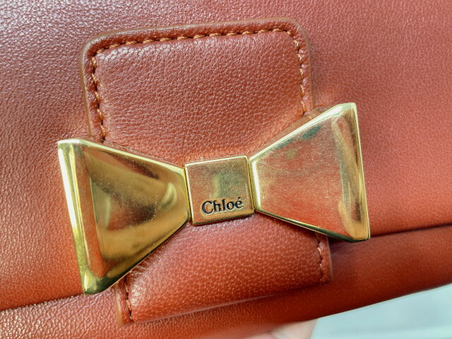 Chloe クロエ ボビー L字ファスナー 二つ折り長財布 中古  リボン オレンジ ウォレット ブランド レディース かわいい