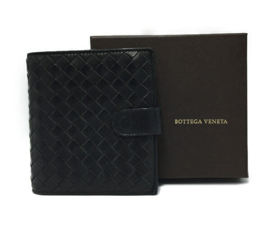 BOTTEGA VENETA イントレチャート　2つ折り長財布 中古  ボッテガベネタ コイン ブラック コンパクト レザー