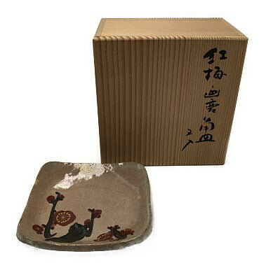 未使用品 六兵衛窯 音羽窯 紅梅画変 角皿 銘々皿 5枚入 中古  陶器 和食器 梅柄 清水六兵衛 陶食器 和柄