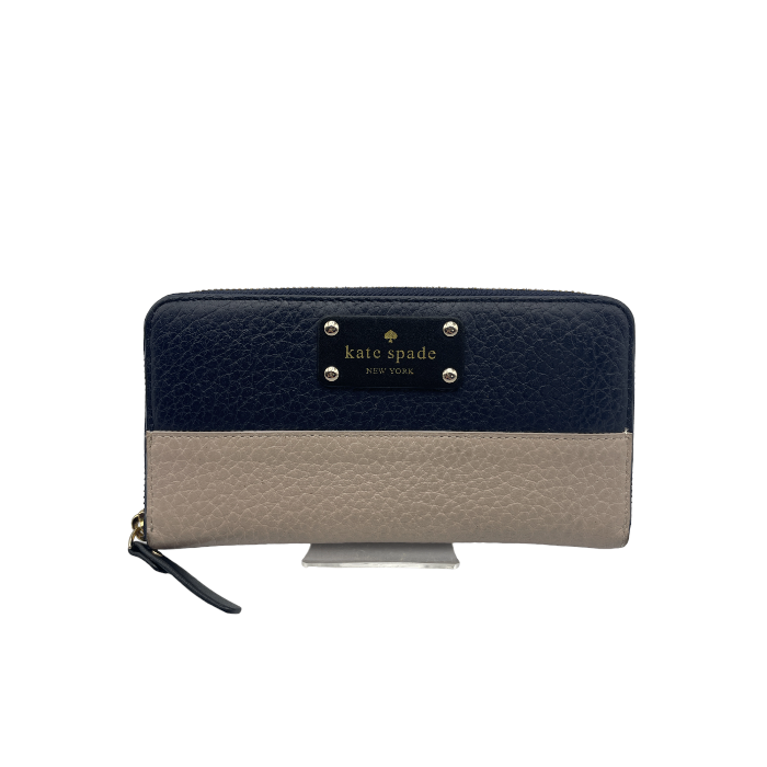 Kate spade ケイトスペード レザー ラウンドファスナー長財布 レディース 本革 ウォレット ネイビー グレージュ 中古 W４