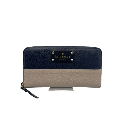 Kate spade ケイトスペード レザー ラウンドファスナー長財布 レディース 本革 ウォレット ネイビー グレージュ 中古 W４