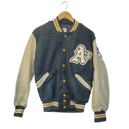 DeLONG デロング MLB アスレチックス 袖レザーウールスタジャン メンズ グリーン アイボリー 44 U.S.A.製 ヴィンテージ 90年代 中古 3