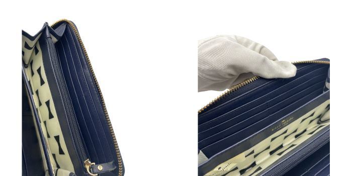 Kate spade ケイトスペード レザー ラウンドファスナー長財布 レディース 本革 ウォレット ネイビー グレージュ 中古 W４