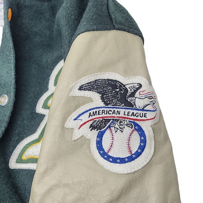 DeLONG デロング MLB アスレチックス 袖レザーウールスタジャン メンズ グリーン アイボリー 44 U.S.A.製 ヴィンテージ 90年代 中古 3